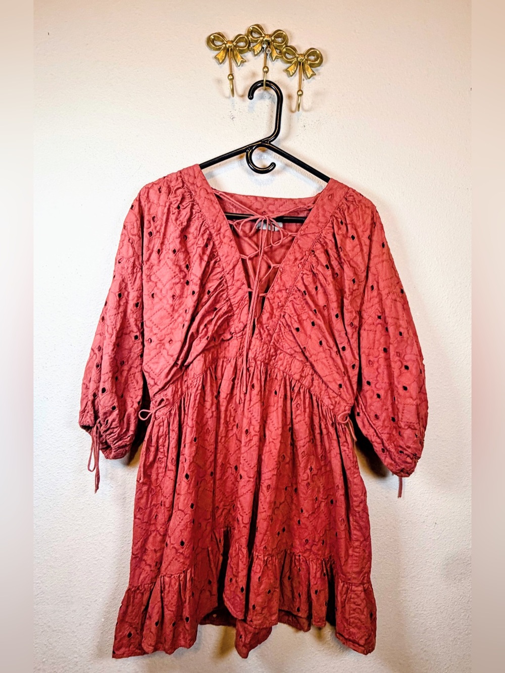 ASOS Terracotta Eyelet Lace-Up Mini Dress. Ruffled hem & 3/4 Sleeve. Size 2